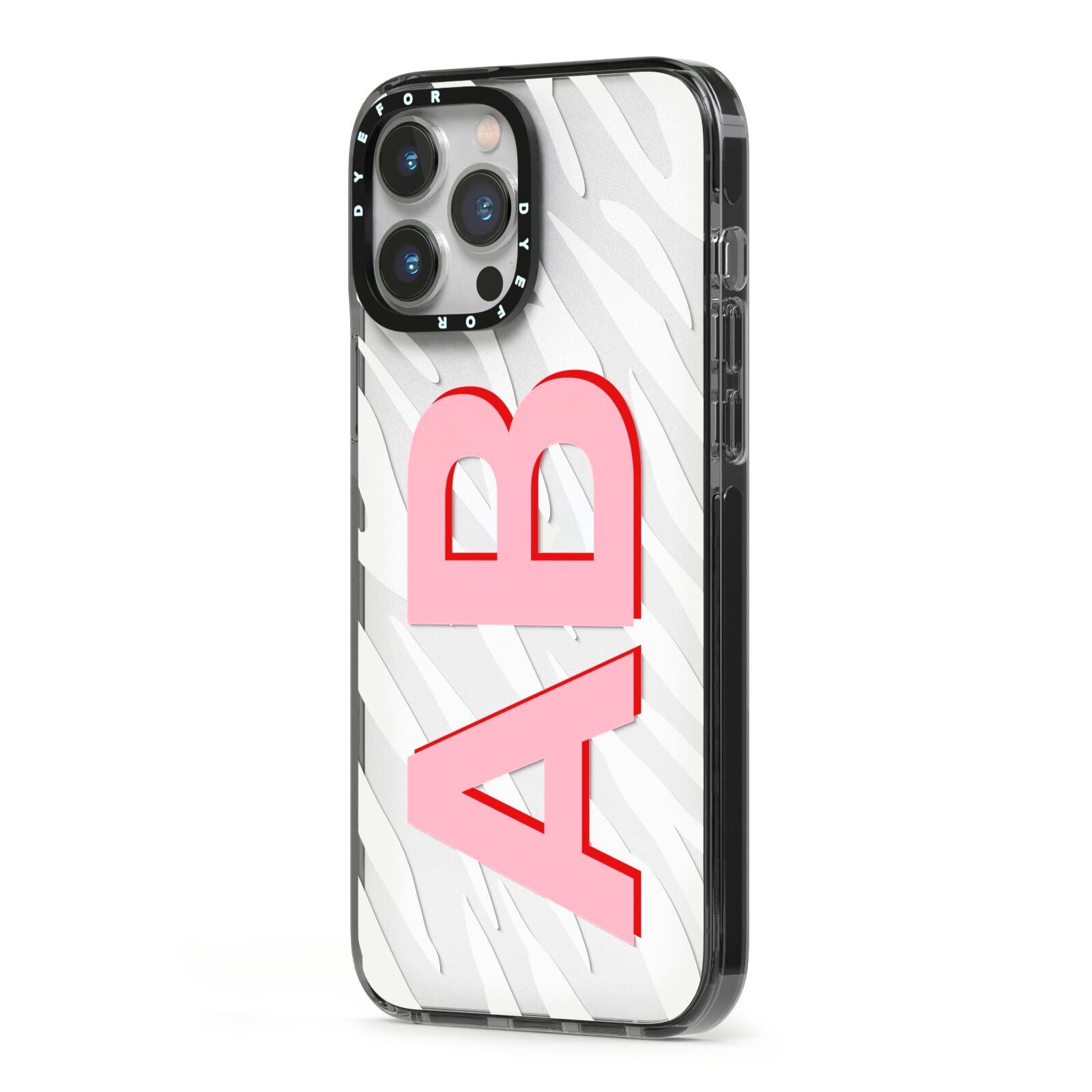 Zebra Initials iPhone 13 Pro Max Black Impact Case Side Angle on Silver phone