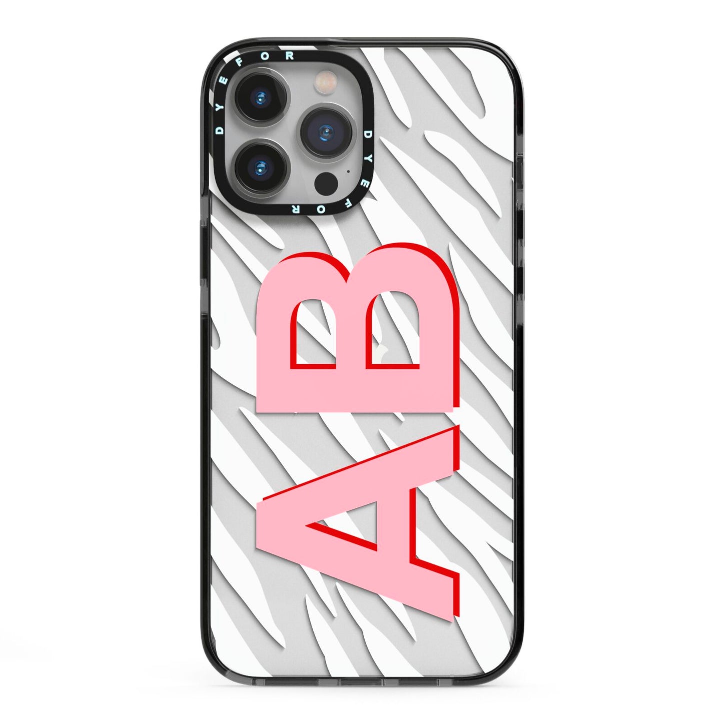 Zebra Initials iPhone 13 Pro Max Black Impact Case on Silver phone