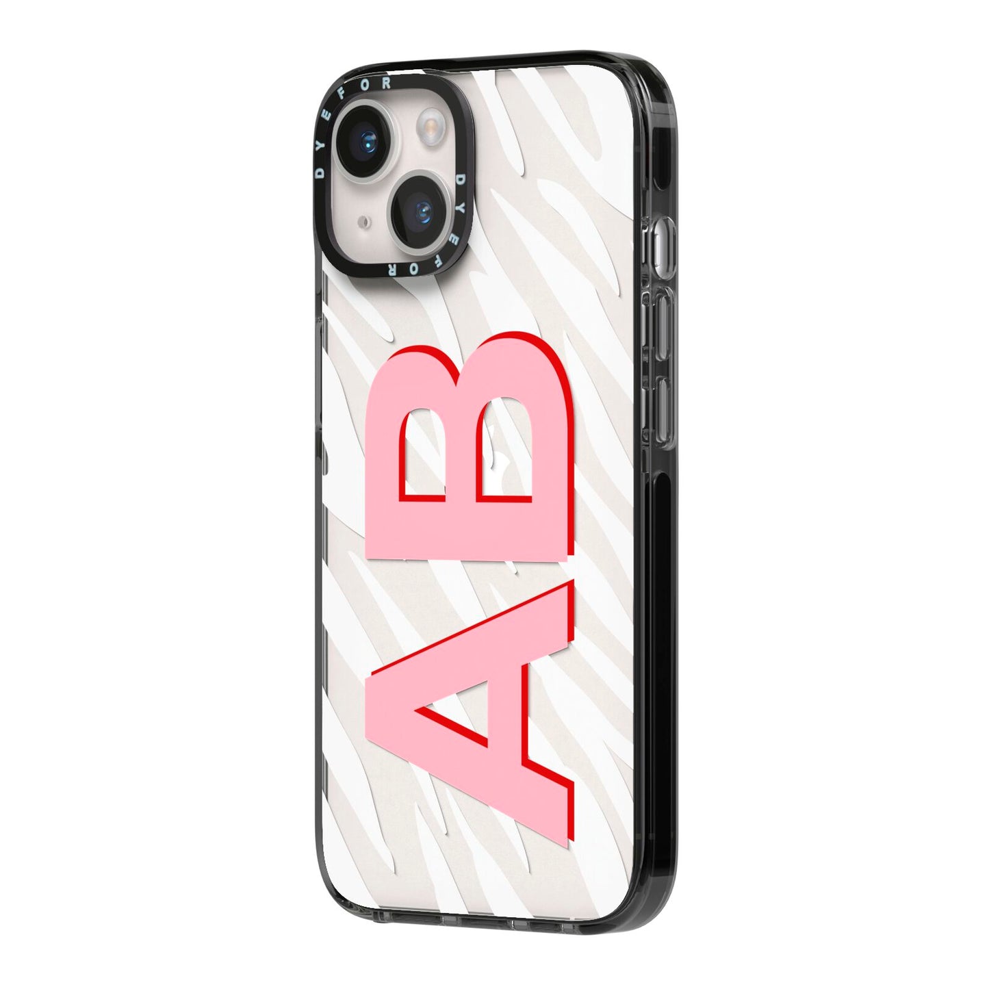 Zebra Initials iPhone 14 Black Impact Case Side Angle on Silver phone