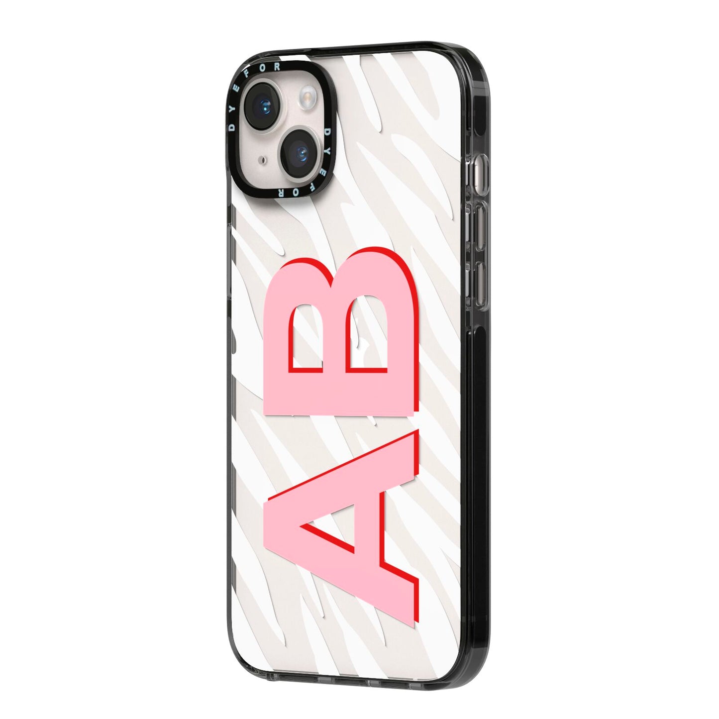 Zebra Initials iPhone 14 Plus Black Impact Case Side Angle on Silver phone