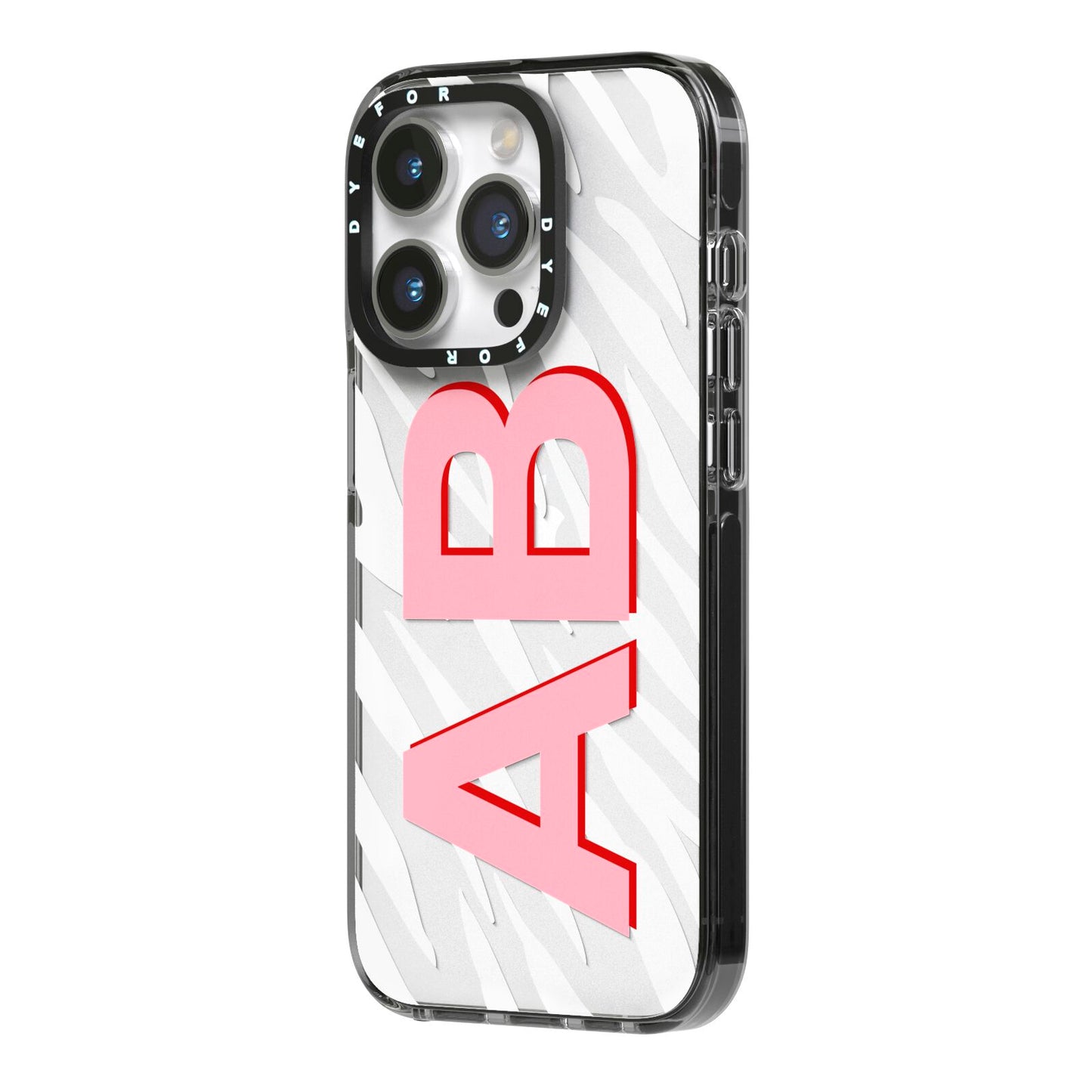 Zebra Initials iPhone 14 Pro Black Impact Case Side Angle on Silver phone