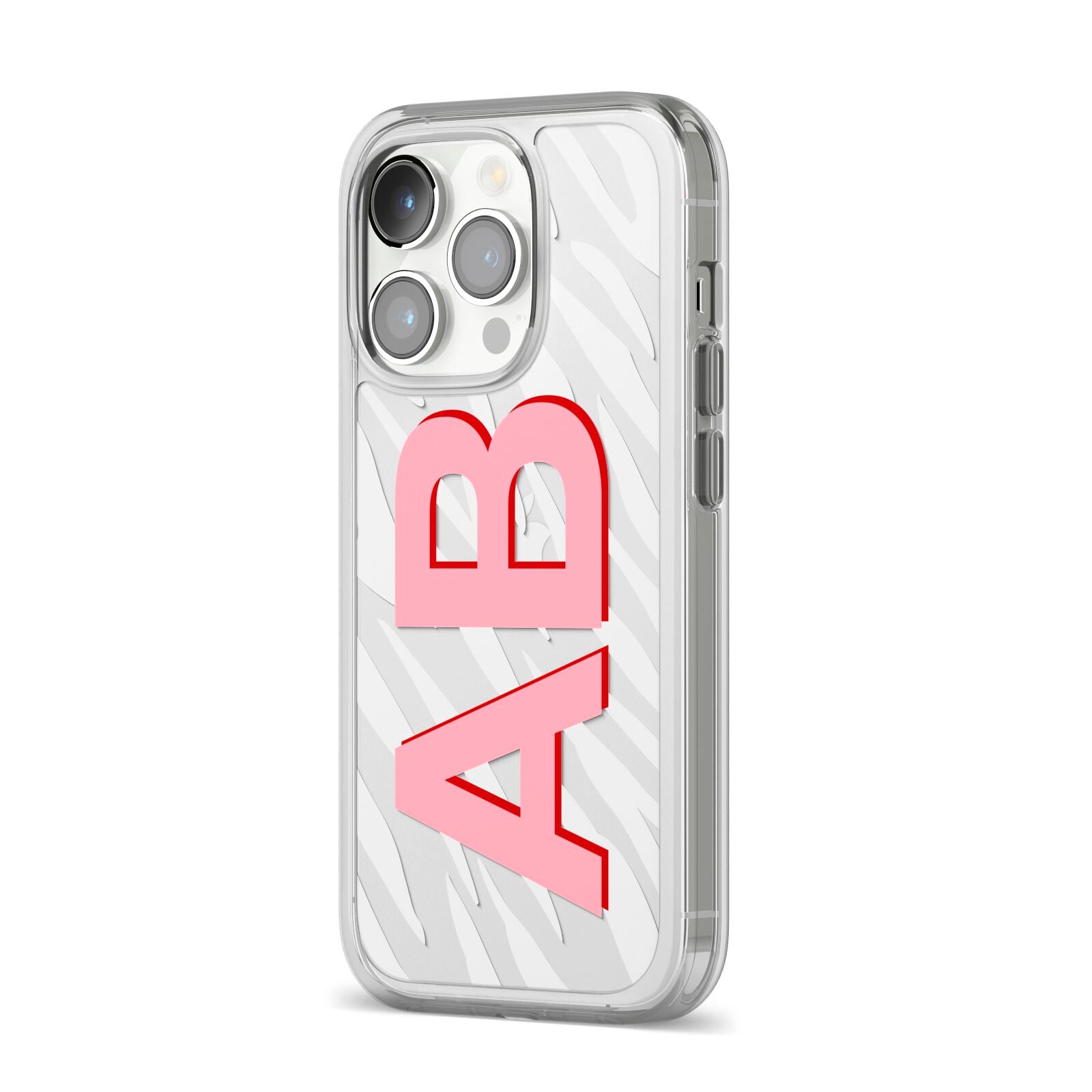 Zebra Initials iPhone 14 Pro Clear Tough Case Silver Angled Image