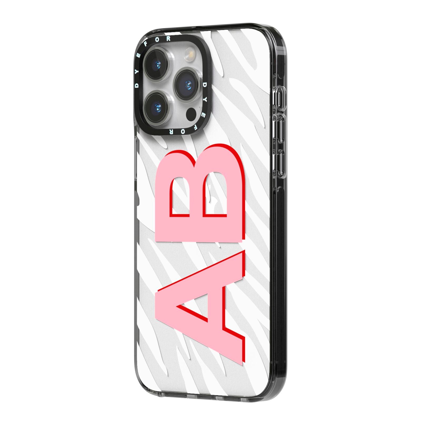 Zebra Initials iPhone 14 Pro Max Black Impact Case Side Angle on Silver phone