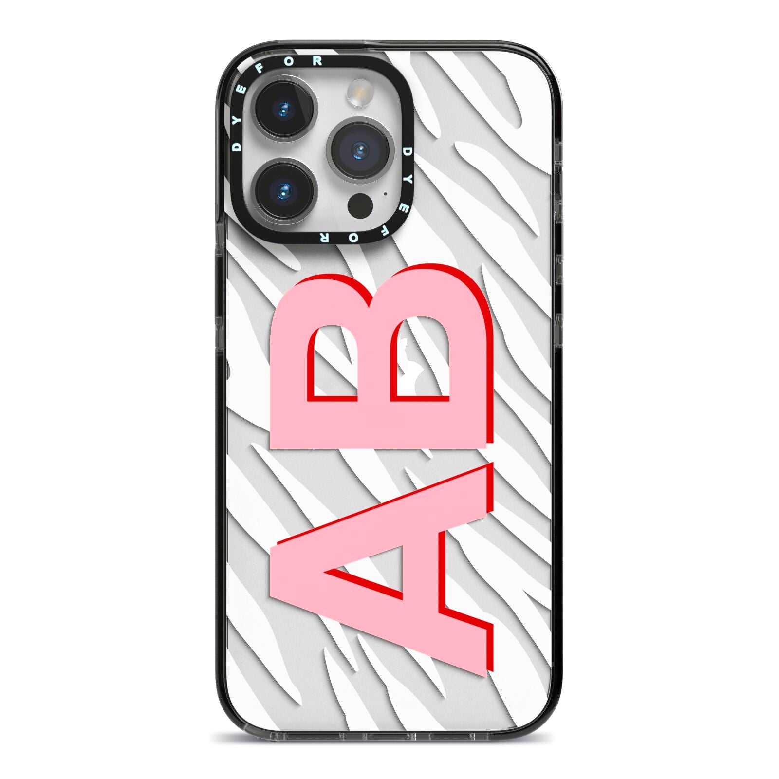 Zebra Initials iPhone 14 Pro Max Black Impact Case on Silver phone