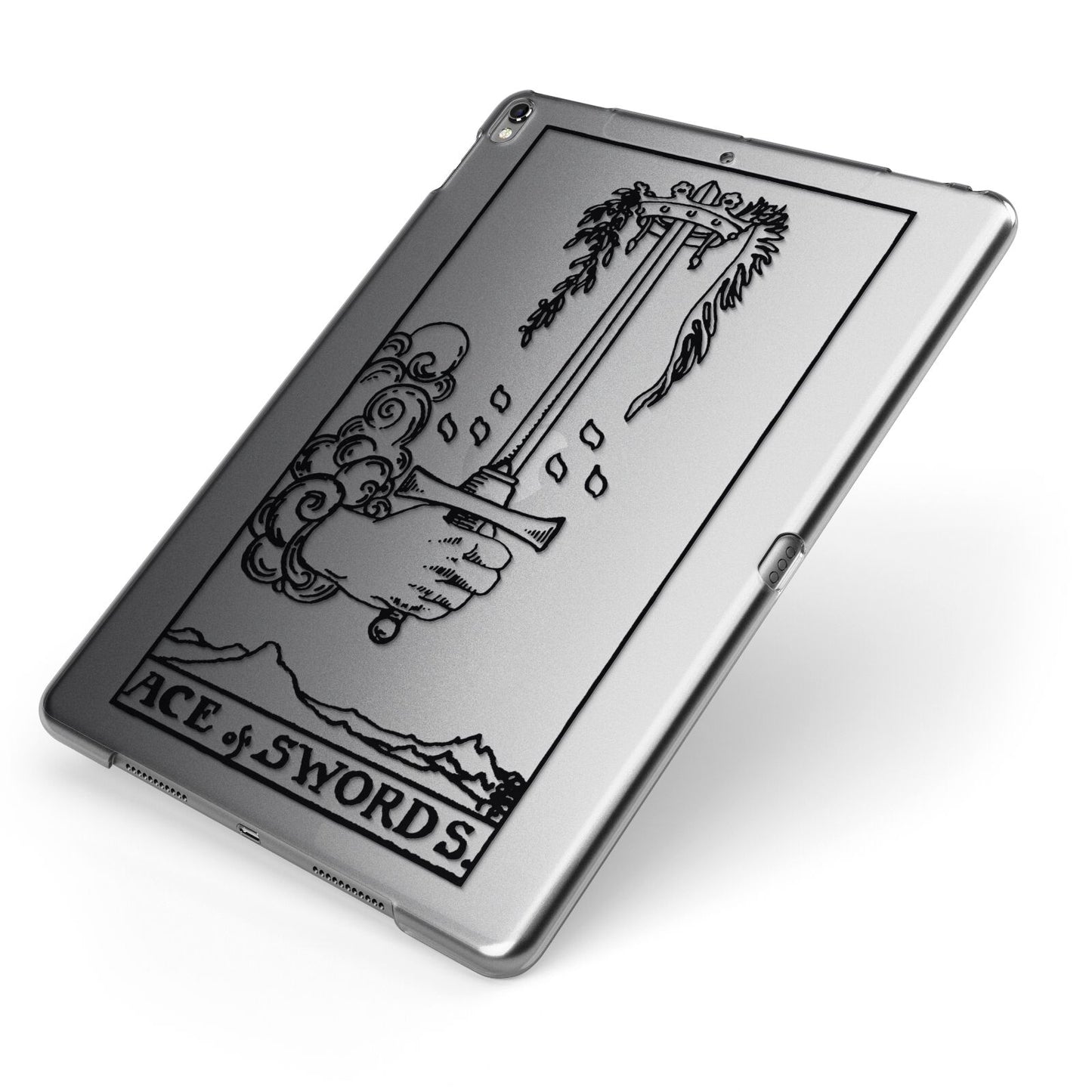 Ace of Swords Monochrome Apple iPad Case on Grey iPad Side View