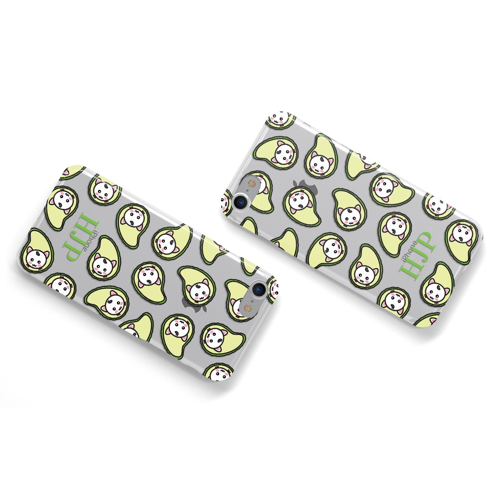 Personalised Avocado Cat Initials Clear Apple iPhone Case Flat Overview