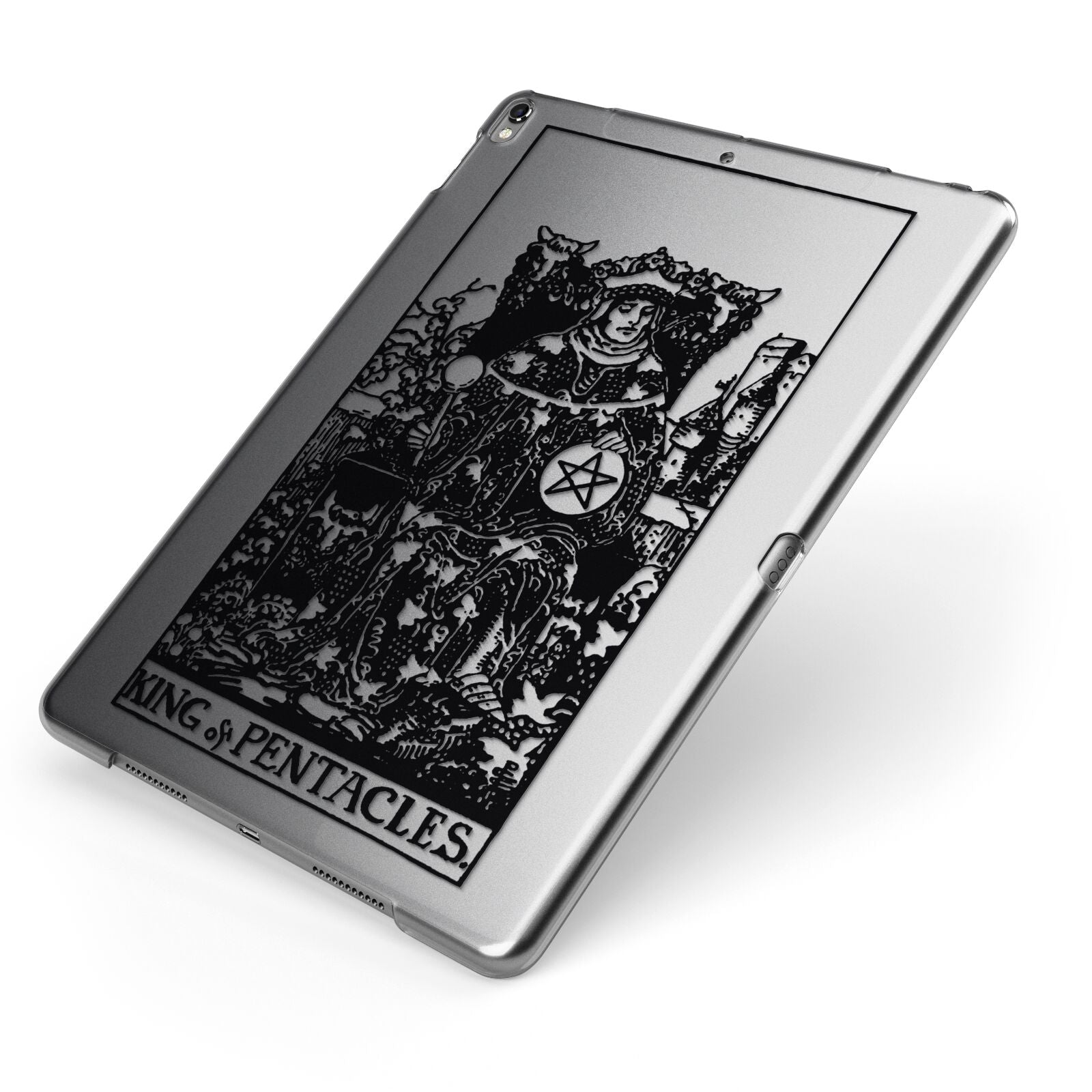 King of Pentacles Monochrome Apple iPad Case on Grey iPad Side View