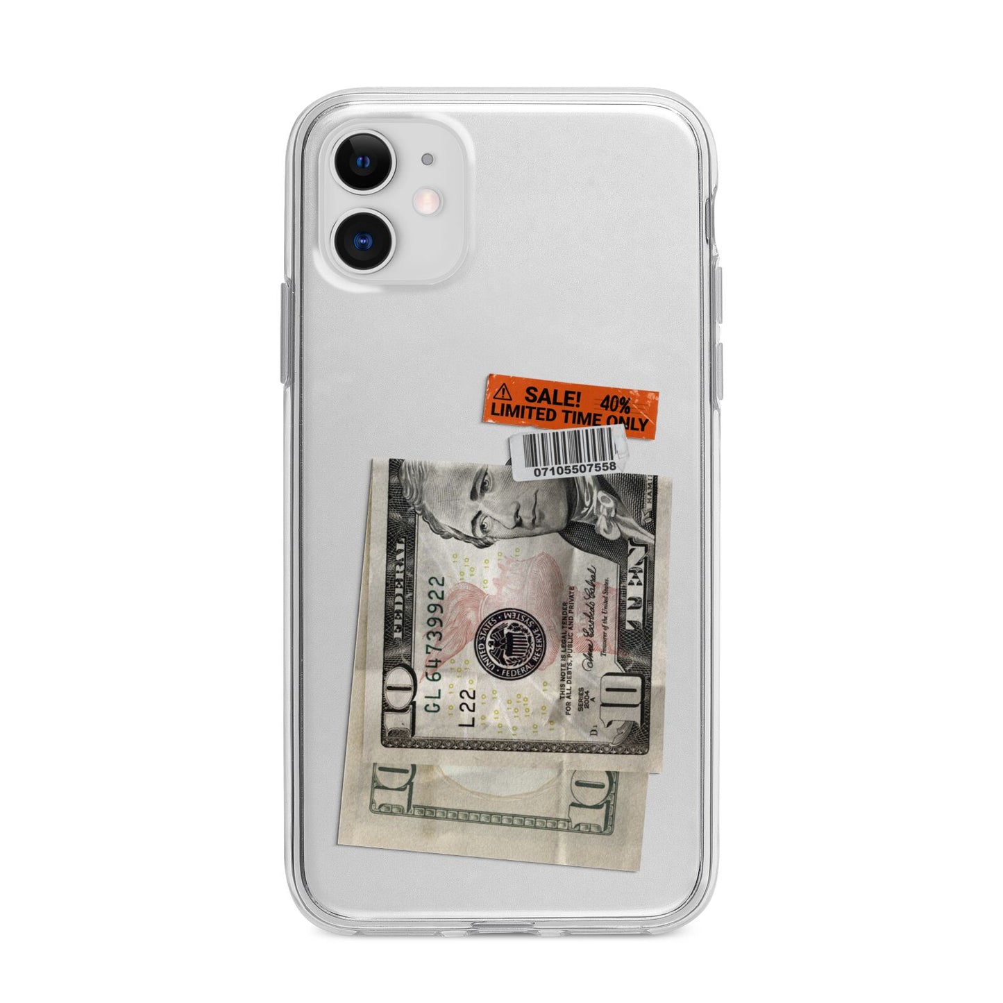 Money and Sale Sticker Apple iPhone 11 in White with Bumper Case