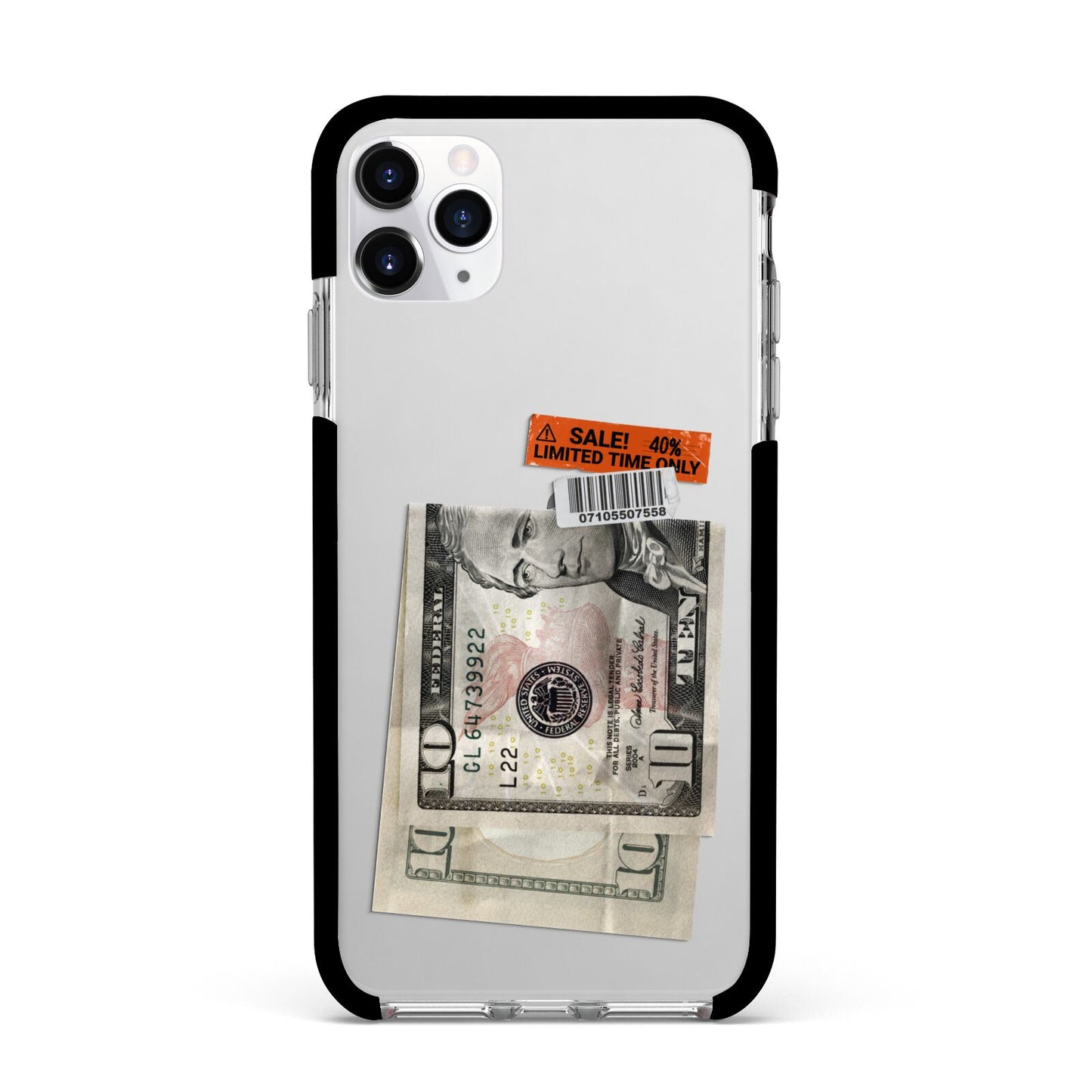 Money and Sale Sticker Apple iPhone 11 Pro Max in Silver with Black Impact Case