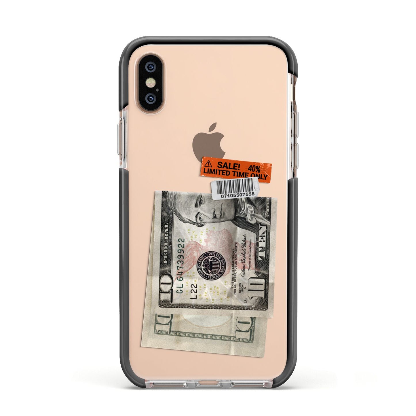 Money and Sale Sticker Apple iPhone Xs Impact Case Black Edge on Gold Phone