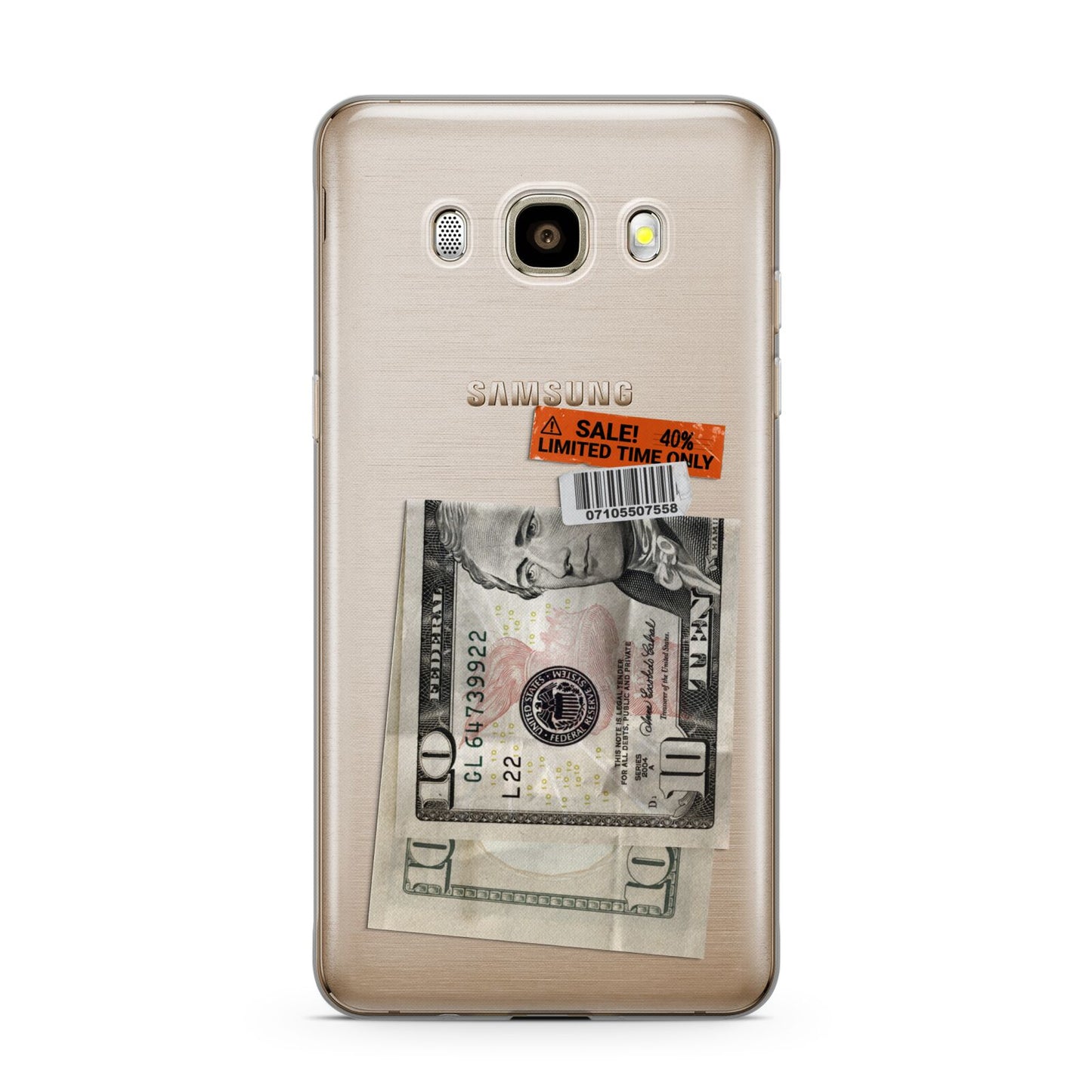 Money and Sale Sticker Samsung Galaxy J7 2016 Case on gold phone