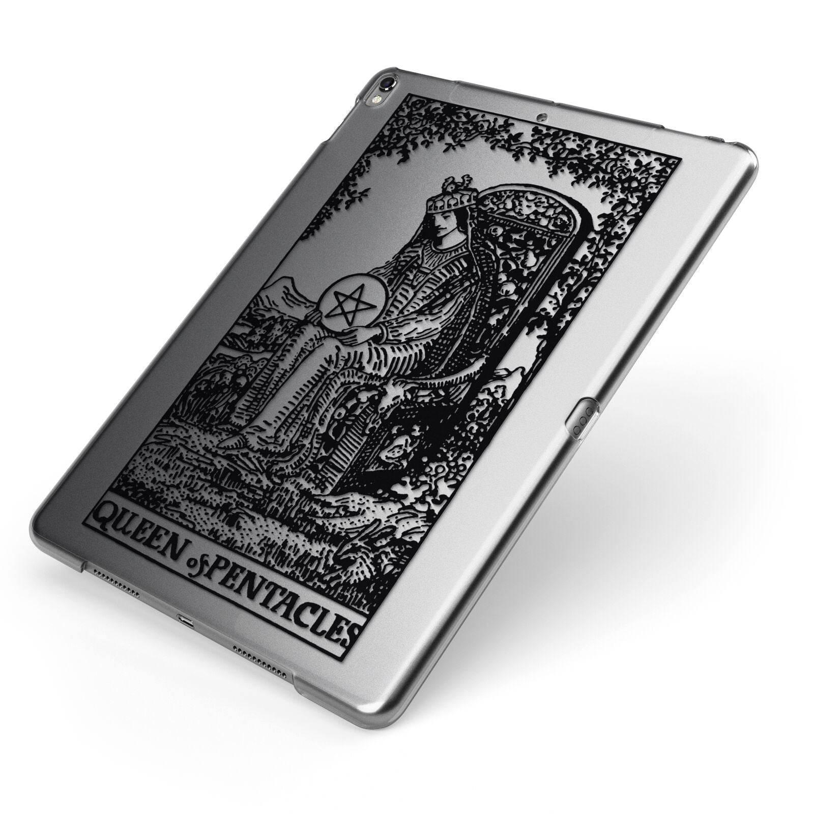 Queen of Pentacles Monochrome Apple iPad Case on Grey iPad Side View