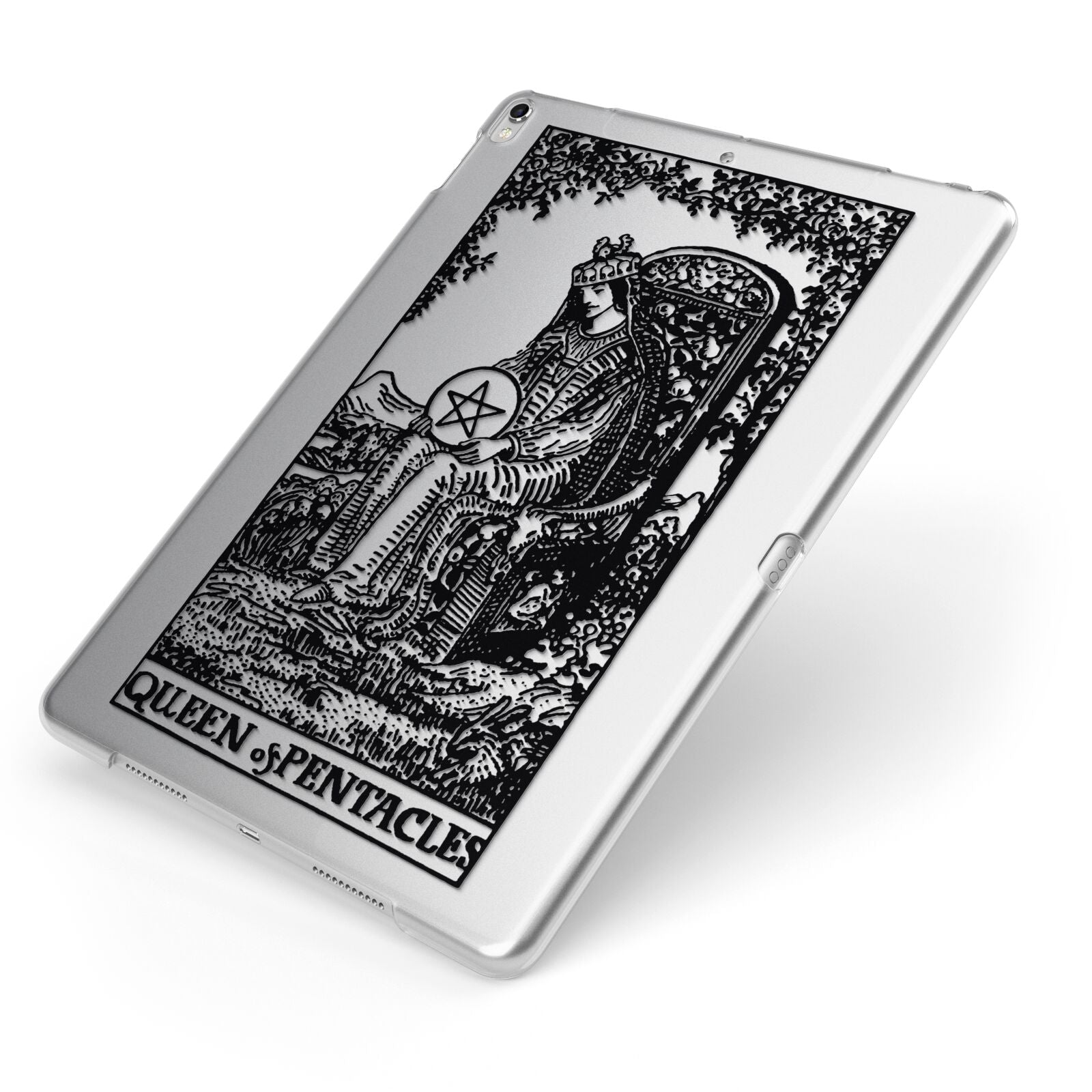 Queen of Pentacles Monochrome Apple iPad Case on Silver iPad Side View