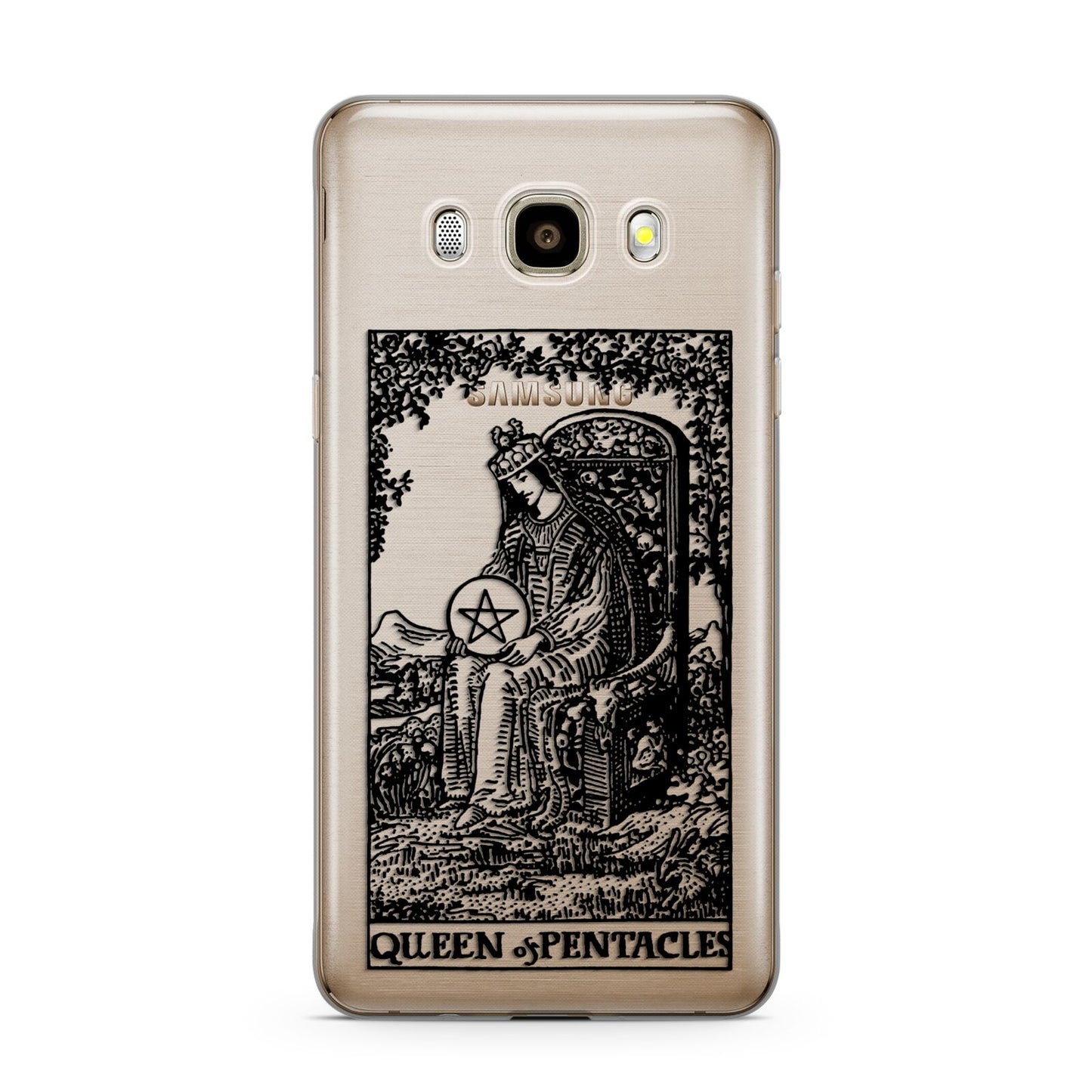 Queen of Pentacles Monochrome Samsung Galaxy J7 2016 Case on gold phone