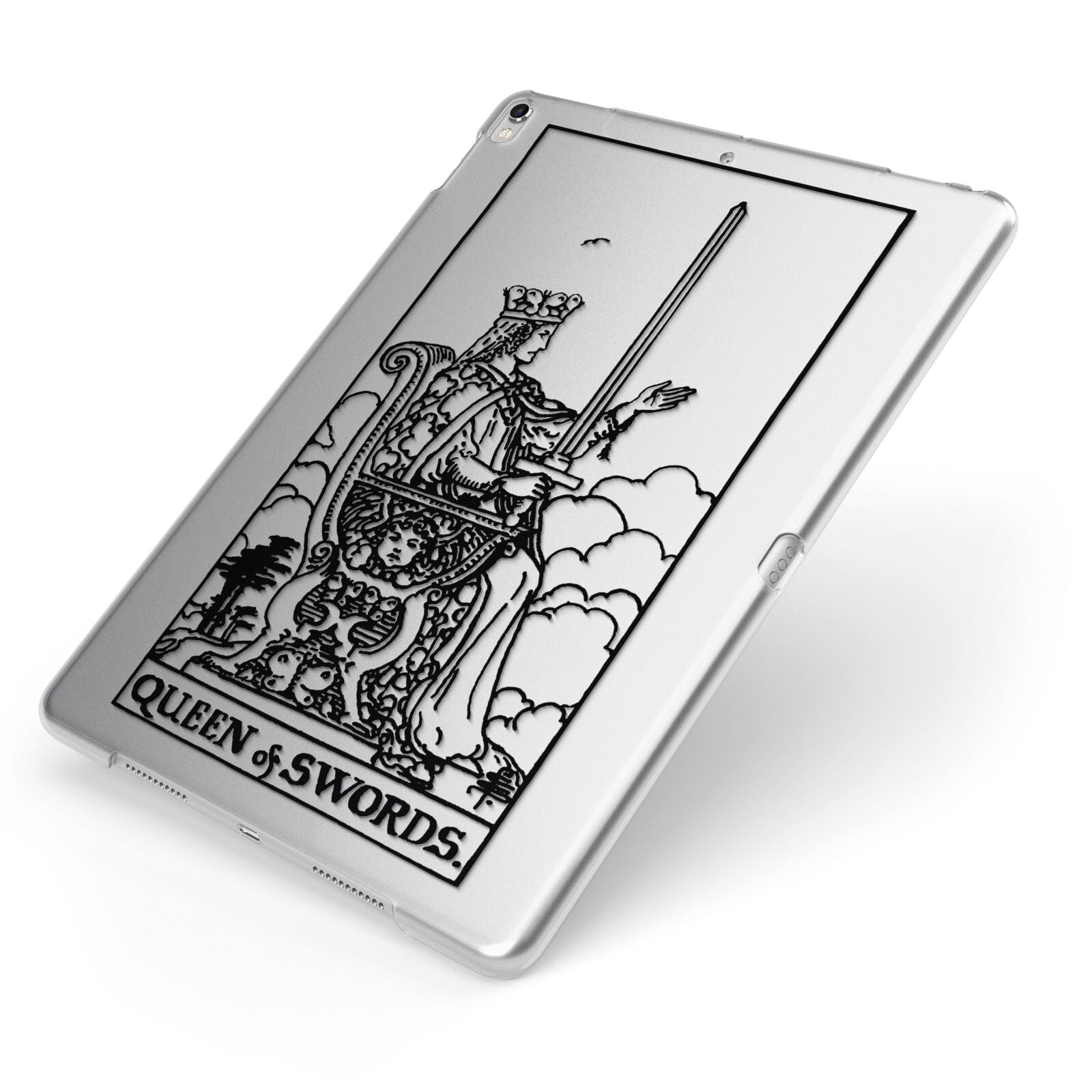 Queen of Swords Monochrome Apple iPad Case on Silver iPad Side View